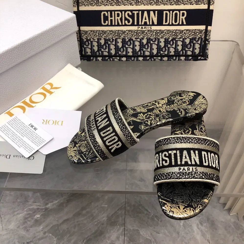 Dior Dway Slide Cotton Embroidered with Metallic Thread and Black for Women Dior Dway Slide Cotton Embroidered with Metallic Thread and Black for Women