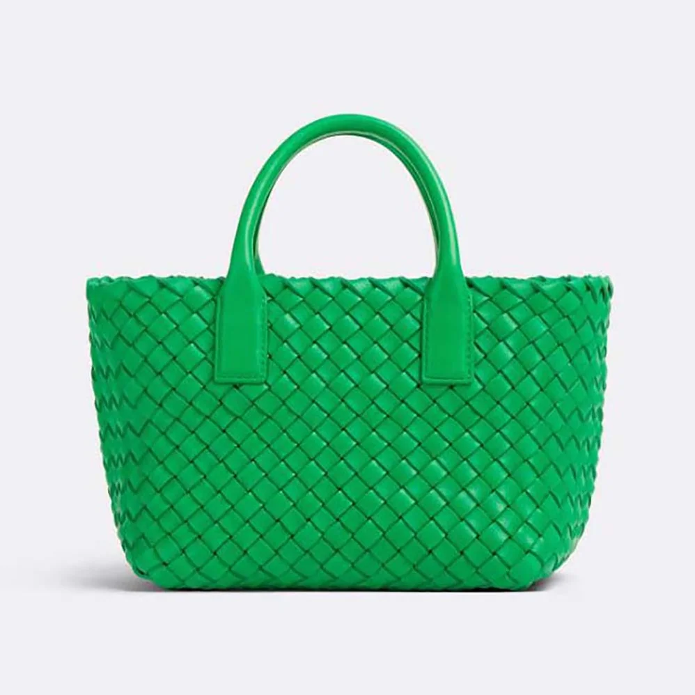 Bottega Veneta Mini Cabat Intreccio Leather Tote Bag with Detachable Strap for Women in Green Bottega Veneta Mini Cabat Intreccio Leather Tote Bag with Detachable Strap for Women in Green