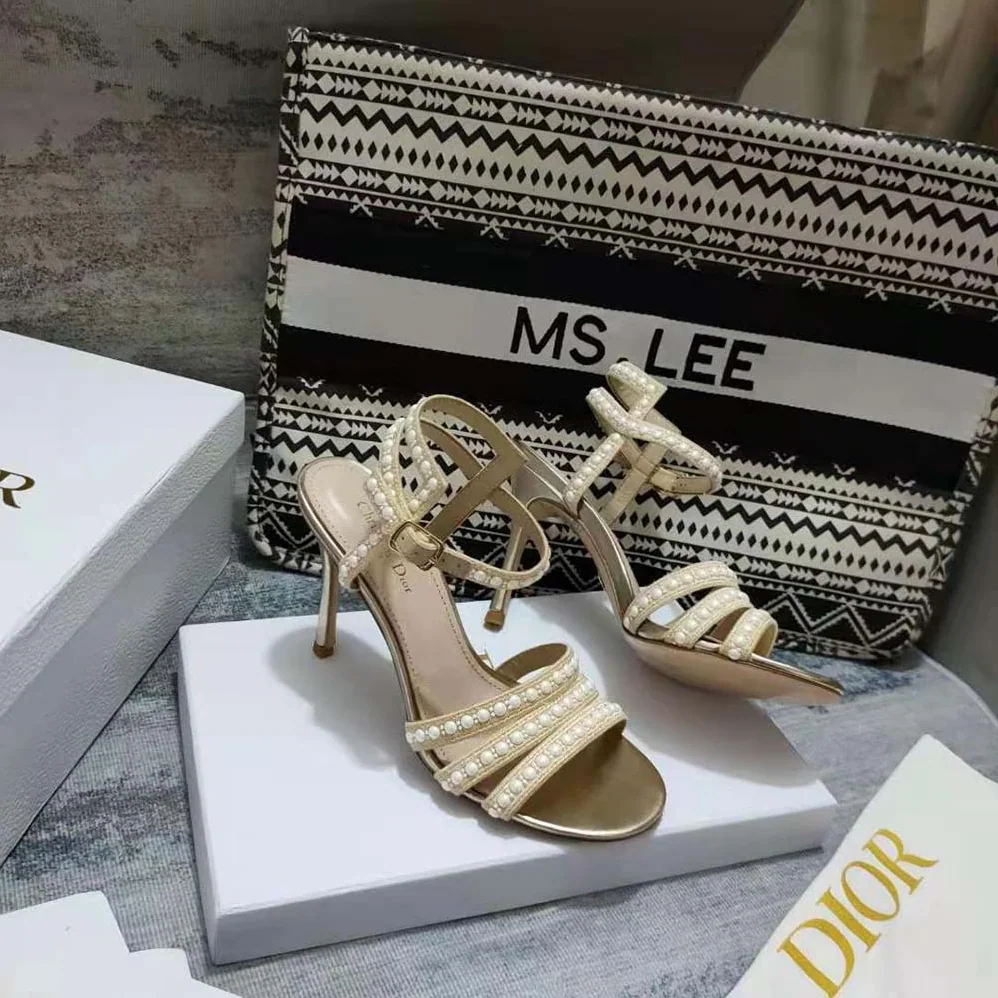Dior Gem Heeled Sandal Cotton Embroidered with Gold-Tone Metallic Thread and White Beads and Strass for Women Dior Gem Heeled Sandal Cotton Embroidered with Gold-Tone Metallic Thread and White Beads and Strass for Women