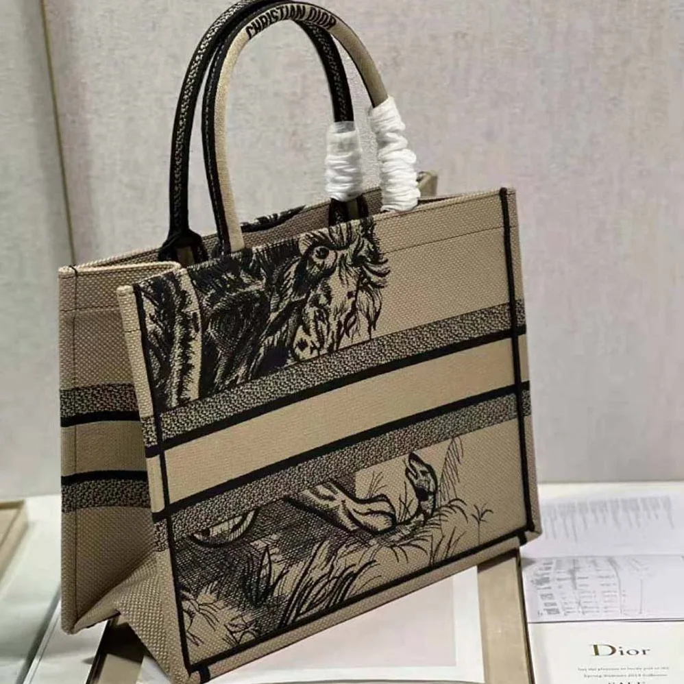 Dior Medium Dior Book Tote Brown and Black Macro Toile de Jouy Tiger Embroidery for Women Dior Medium Dior Book Tote Brown and Black Macro Toile de Jouy Tiger Embroidery for Women