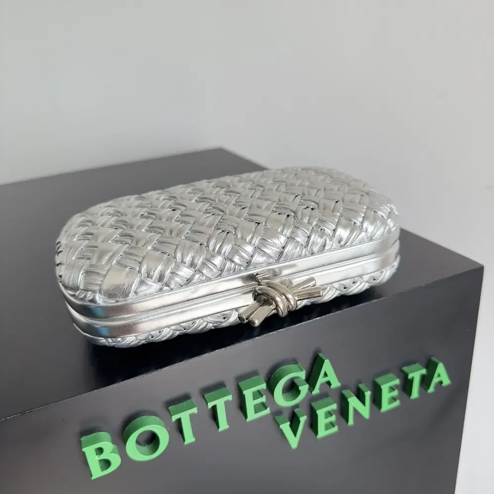 Bottega Veneta Knot Pressed Intreccio Laminated Leather Minaudiere for Women in Silver Bottega Veneta Knot Pressed Intreccio Laminated Leather Minaudiere for Women in Silver