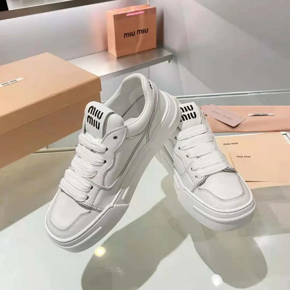 Miu Miu Leather Sneakers for Women in White Miu Miu Leather Sneakers for Women in White