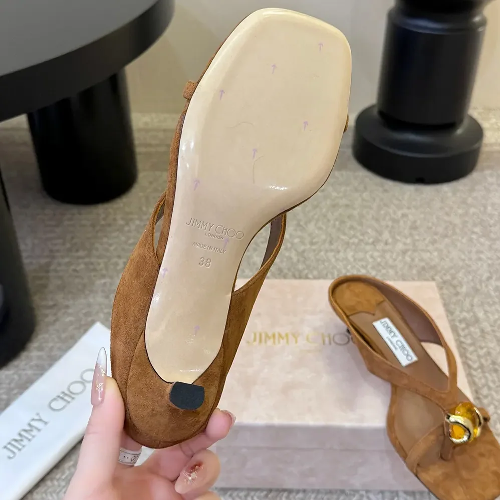 Jimmy Choo Emeri Stone 35 Tan Suede Sandals with Stone Detail for Women