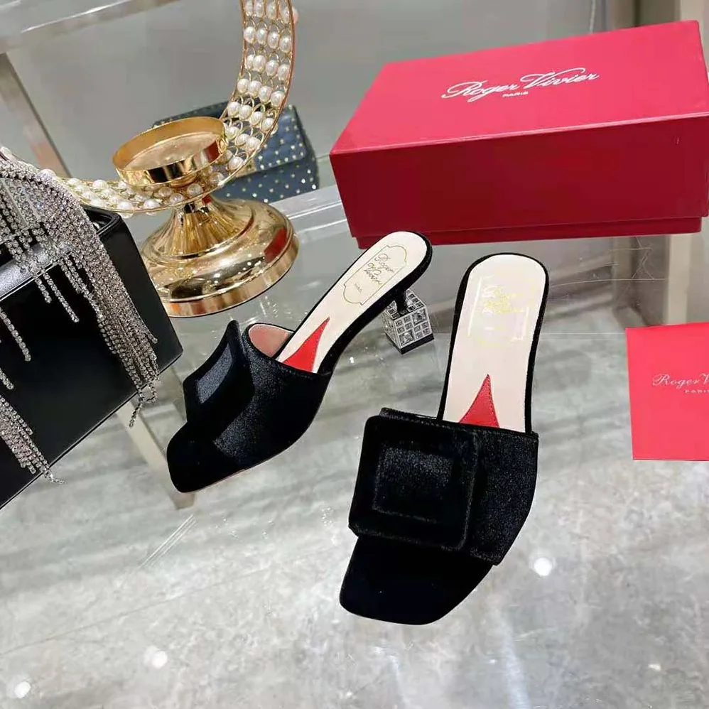 Roger Vivier Cube Strass Heel Mules in Satin for Women in Black Roger Vivier Cube Strass Heel Mules in Satin for Women in Black