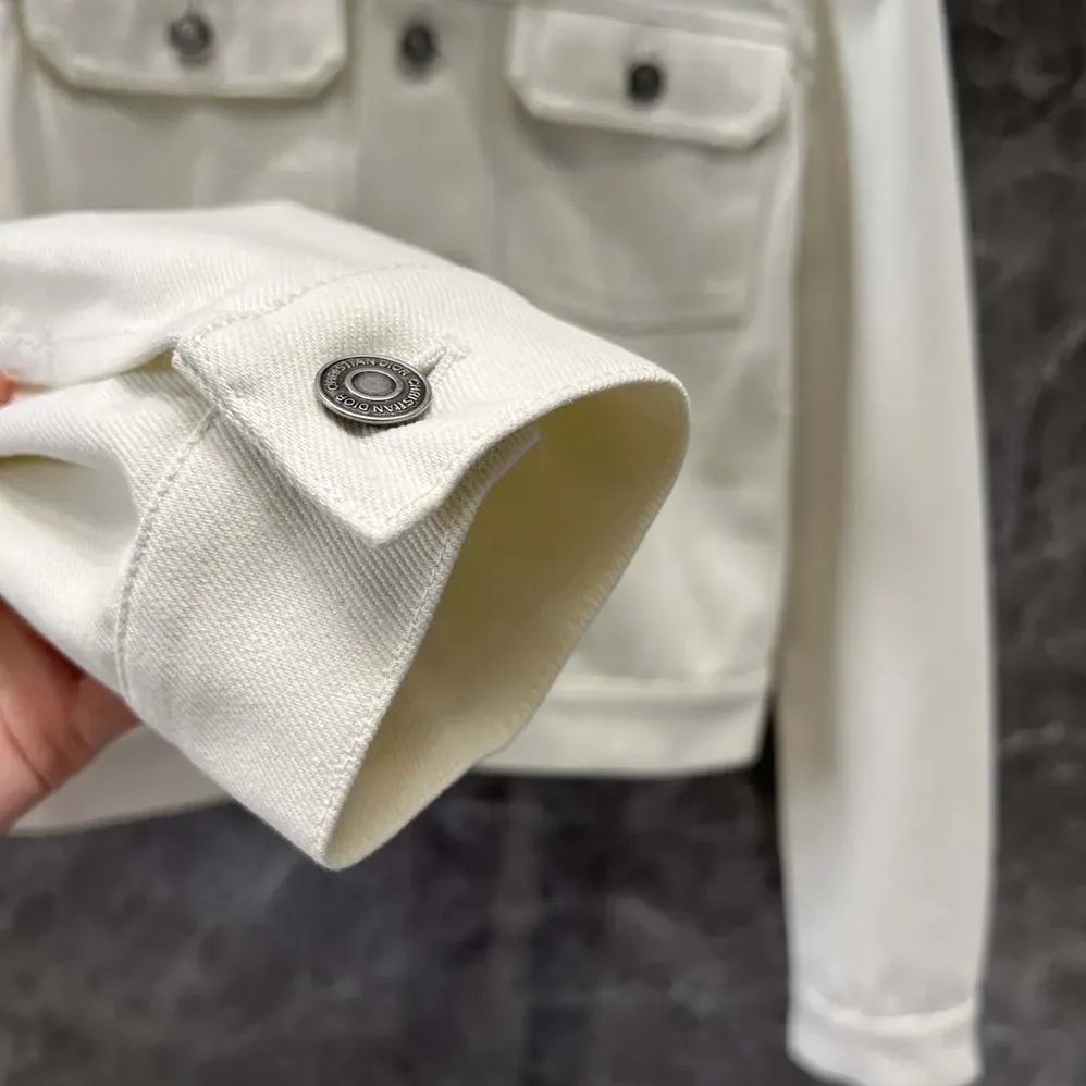 Dior Jacket White Cotton Denim with Gold-Tone Dior Around the World Motif for Women Dior Jacket White Cotton Denim with Gold-Tone Dior Around the World Motif for Women