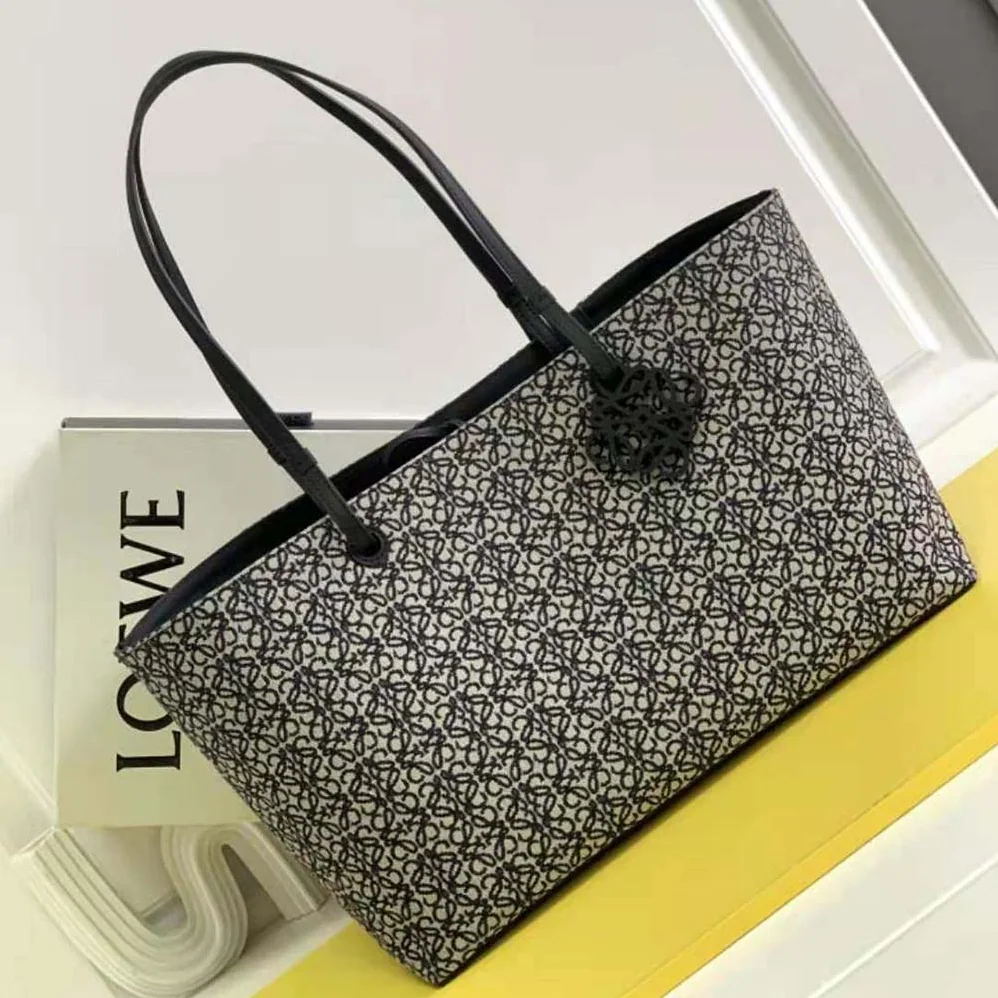 Loewe East West Tote Bag in Anagram Jacquard and Calfskin for Women in Black Loewe East West Tote Bag in Anagram Jacquard and Calfskin for Women in Black