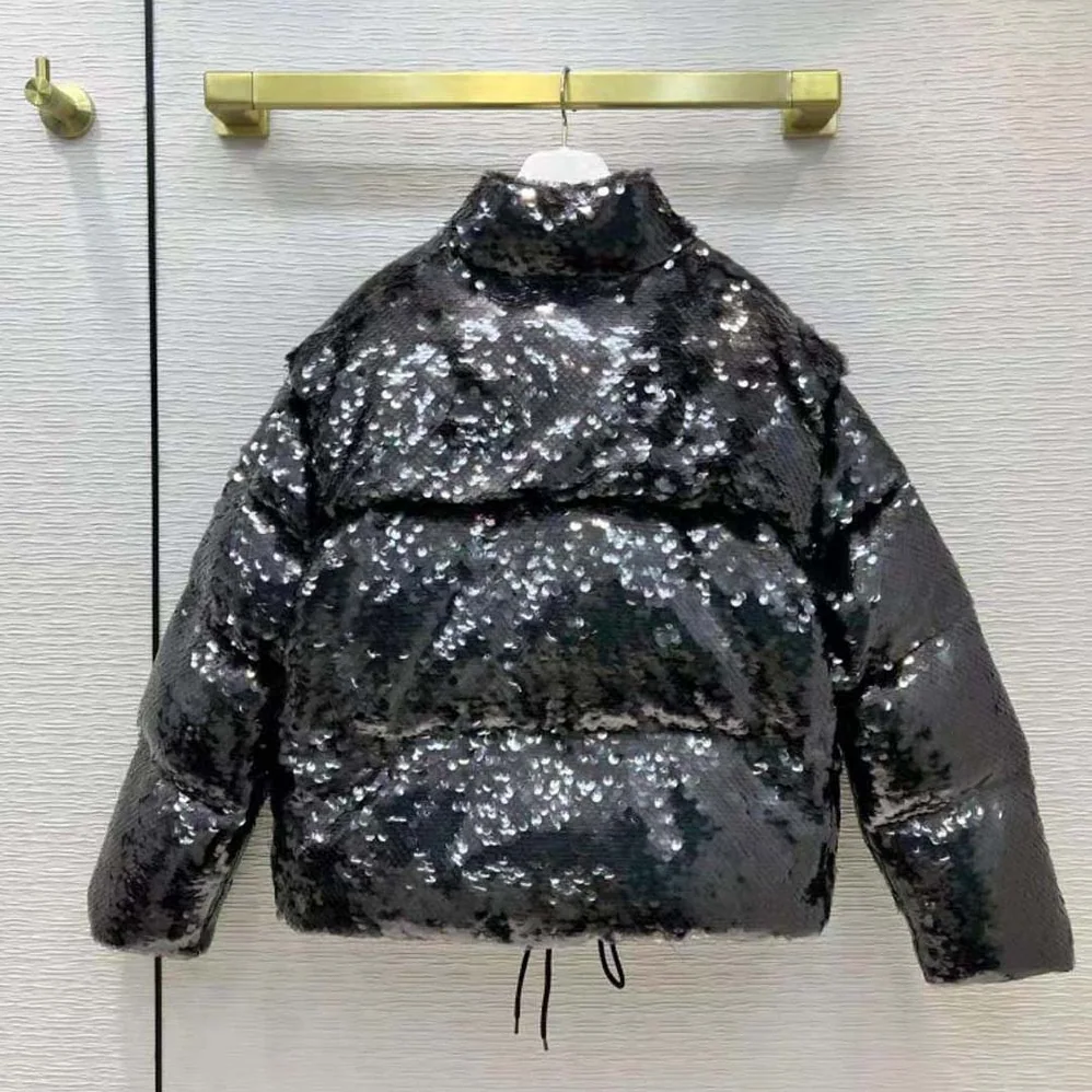 Prada Convertible Sequined Re-Nylon Down Jacket for Women in Black Prada Convertible Sequined Re-Nylon Down Jacket for Women in Black