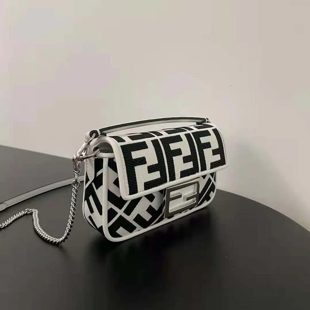 Fendi Baguette Mini White and Black Canvas Bag with FF Embroidery for Women Fendi Baguette Mini White and Black Canvas Bag with FF Embroidery for Women
