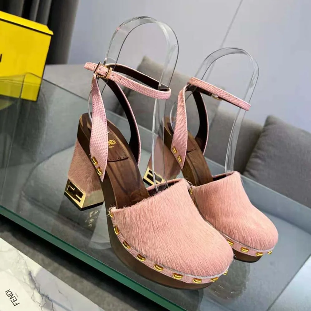 Fendi Baguette Show Pink Pony Hair High for Women in Heeled Clogs Fendi Baguette Show Pink Pony Hair High for Women in Heeled Clogs