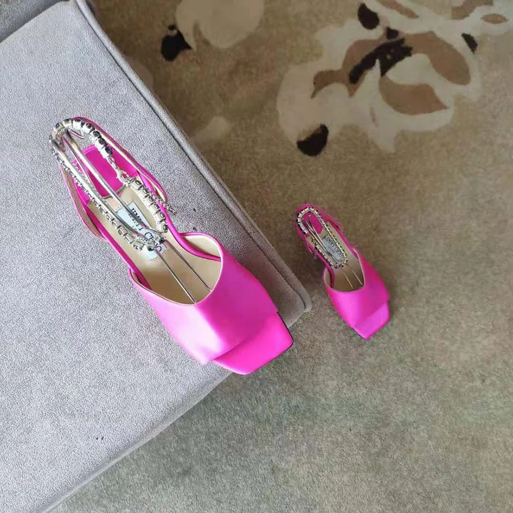 Jimmy Choo Sae 90 Fuchsia Satin Sandals with Crystal Chain Embellishment for Women Jimmy Choo Sae 90 Fuchsia Satin Sandals with Crystal Chain Embellishment for Women