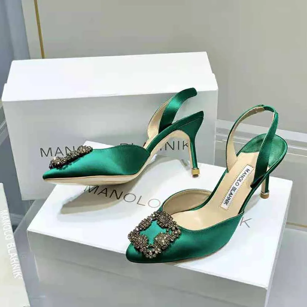 Manolo Blahnik Green Satin Jewel Buckle Slingback Pumps for Women Manolo Blahnik Green Satin Jewel Buckle Slingback Pumps for Women