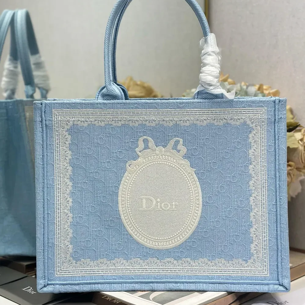 Dior Medium Dior Book Tote with Strap Blue Dior Oblique Embroidery with White Lace and Dior Médaillon for Women Dior Medium Dior Book Tote with Strap Blue Dior Oblique Embroidery with White Lace and Dior Médaillon for Women