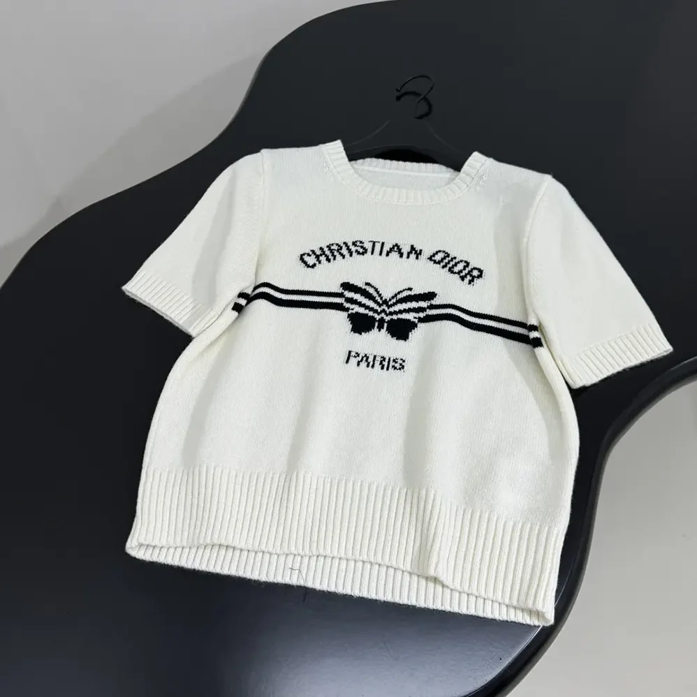 Dior Short-Sleeved Sweater White Cashmere Knit with Black Christian Dior Papillon Motif for Women