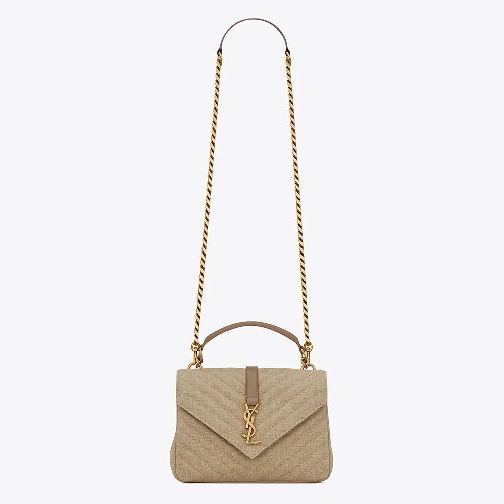 Saint Laurent YSL College Medium in Quilted Linen Canvas and Leather for Women