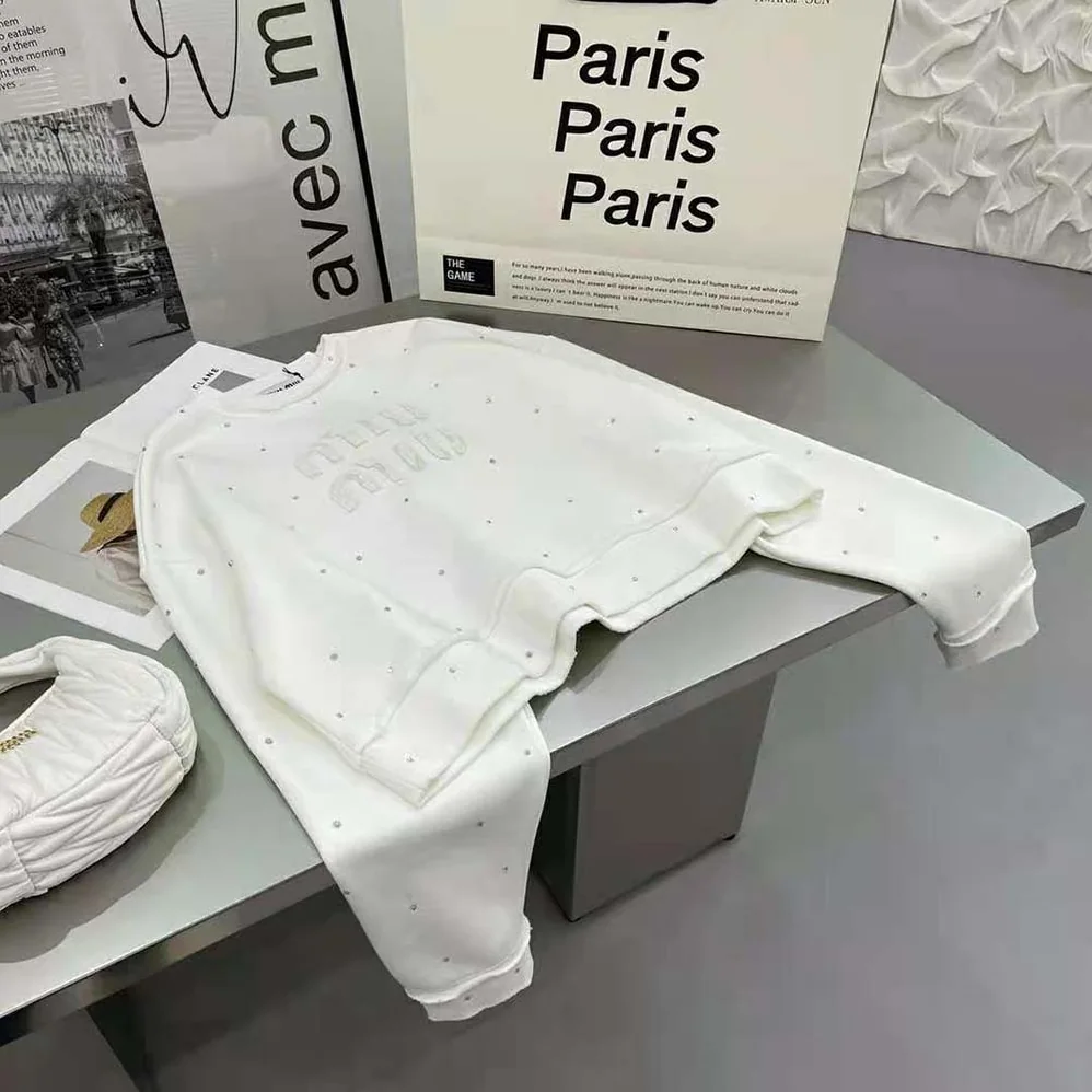 Miu Miu Cotton Embroidered Sweatshirt with Crystals for Women in White