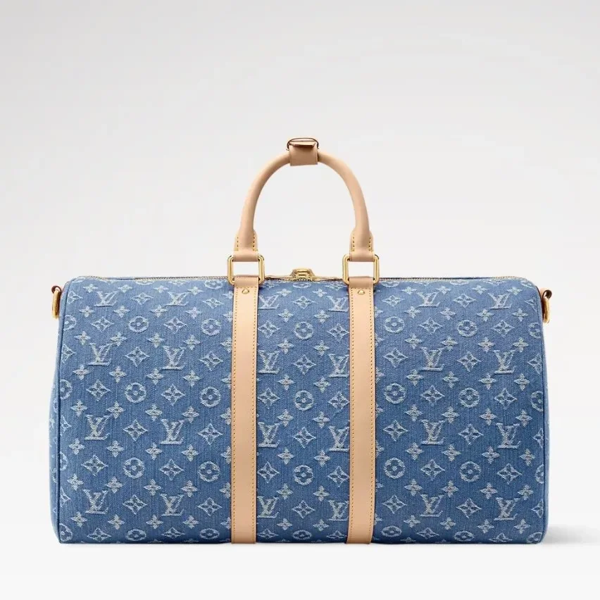 Louis Vuitton Keepall Bandouliere 45 Travel Bag in Blue Denim Gold Hardware Louis Vuitton Keepall Bandouliere 45 Travel Bag in Blue Denim Gold Hardware