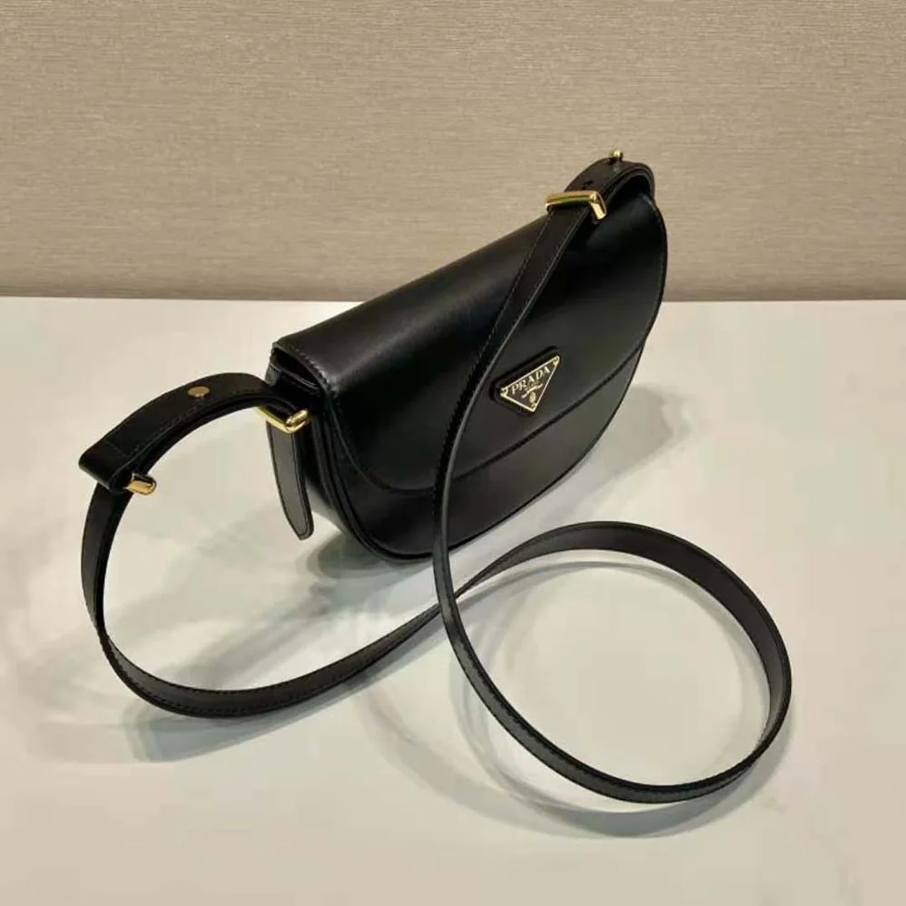 Prada Arqué Leather Shoulder Bag with Flap for Women in Black Prada Arqué Leather Shoulder Bag with Flap for Women in Black