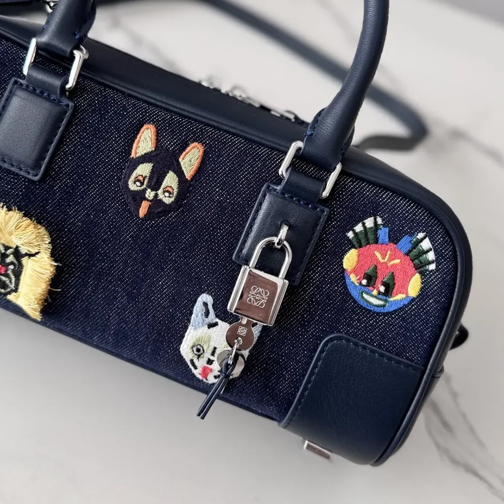 Loewe Cats Amazona 23 Cropped Bag in Embroidered Denim for Unisex