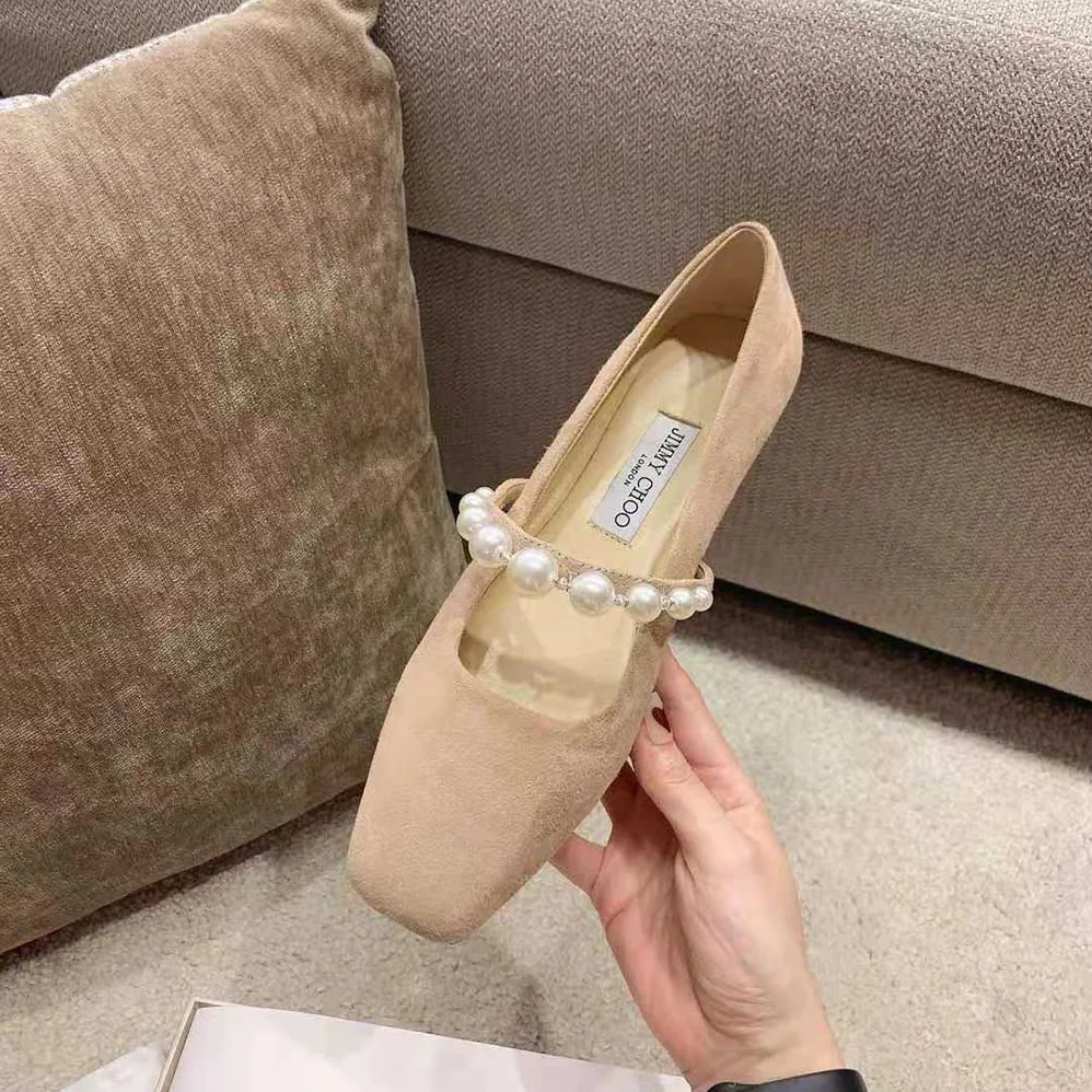 Jimmy Choo ADE Flat Ballet Pink Suede Flats with Pearl Embellishment for Women