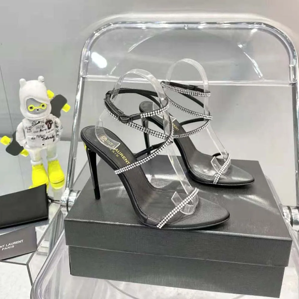 Saint Laurent YSL Georgia Sandals in Crepe Satin with Rhinestones for Women