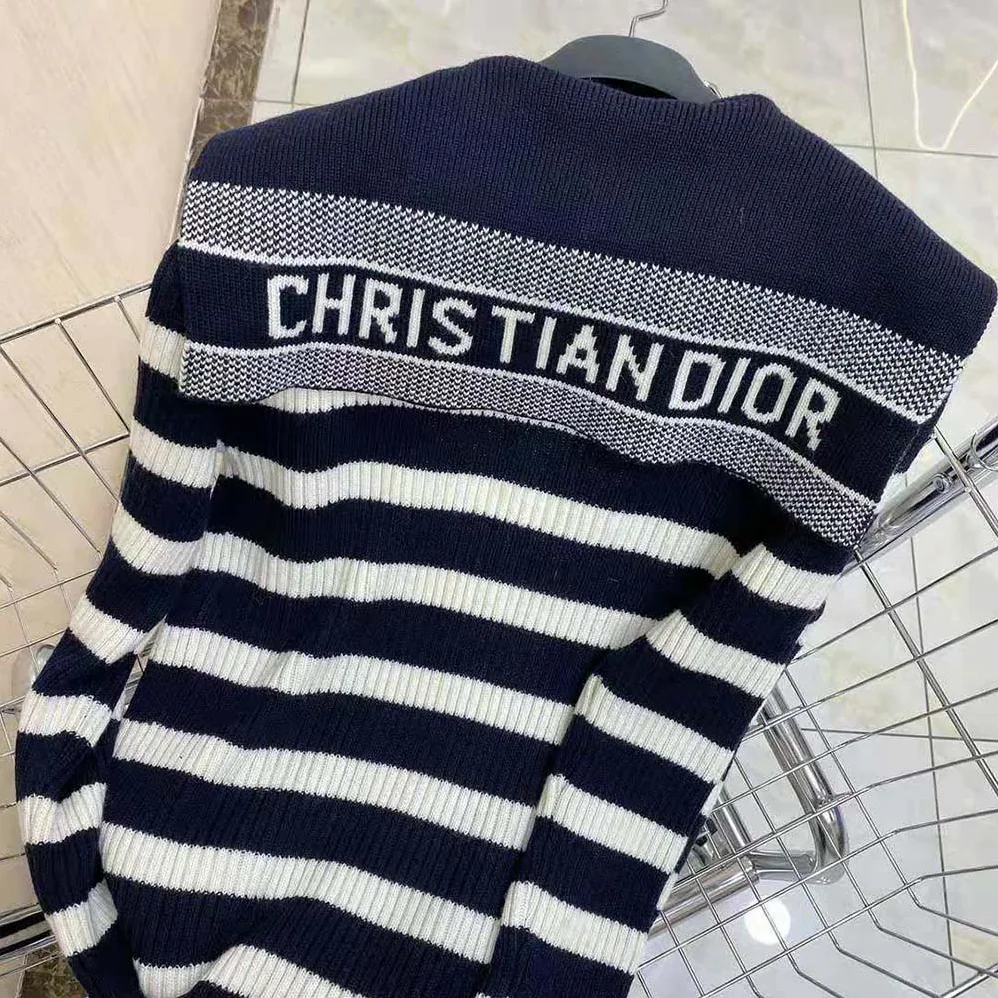 Dior Belted Dior Mariniere Cardigan Navy Blue and Ecru Cotton Knit and Cashmere for Women Dior Belted Dior Mariniere Cardigan Navy Blue and Ecru Cotton Knit and Cashmere for Women