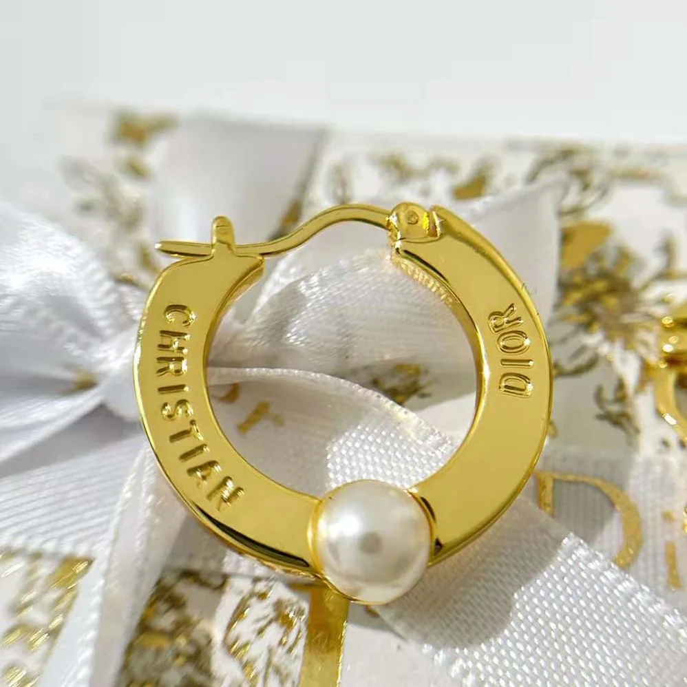 Dior CD Navy Earrings Gold-Finish Metal and White Resin Pearls for Women