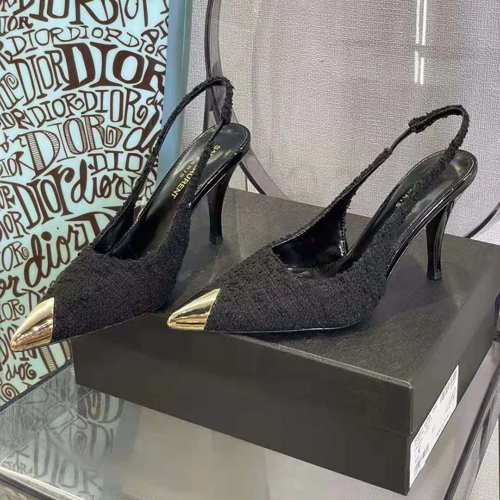 Saint Laurent YSL Vesper Slingback Pumps in Boucle Tweed for Women in Black Saint Laurent YSL Vesper Slingback Pumps in Boucle Tweed for Women in Black