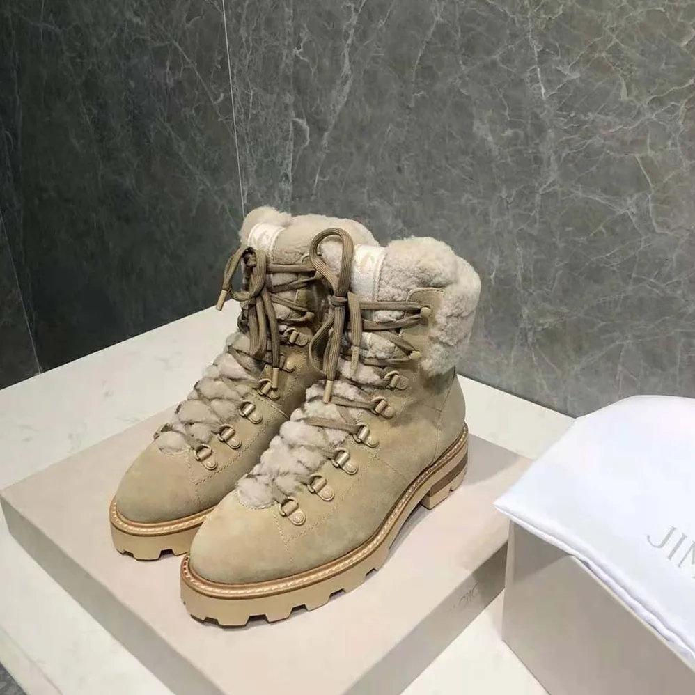 Jimmy Choo Eshe Flat Shearling Stucco Suede Hiking Boots for Women Jimmy Choo Eshe Flat Shearling Stucco Suede Hiking Boots for Women