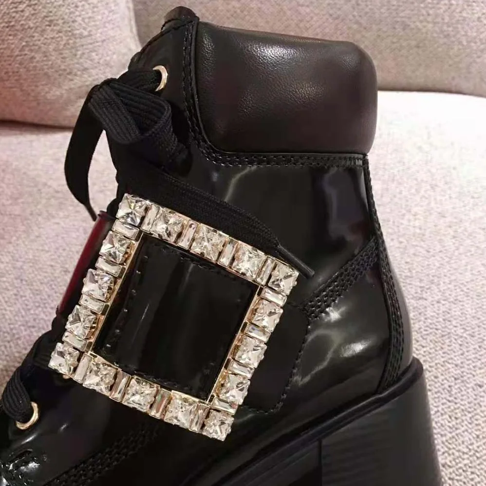 Roger Vivier Viv' Rangers Strass Buckle Ankle Boots in Leather-6cm Heel for Women Roger Vivier Viv' Rangers Strass Buckle Ankle Boots in Leather-6cm Heel for Women