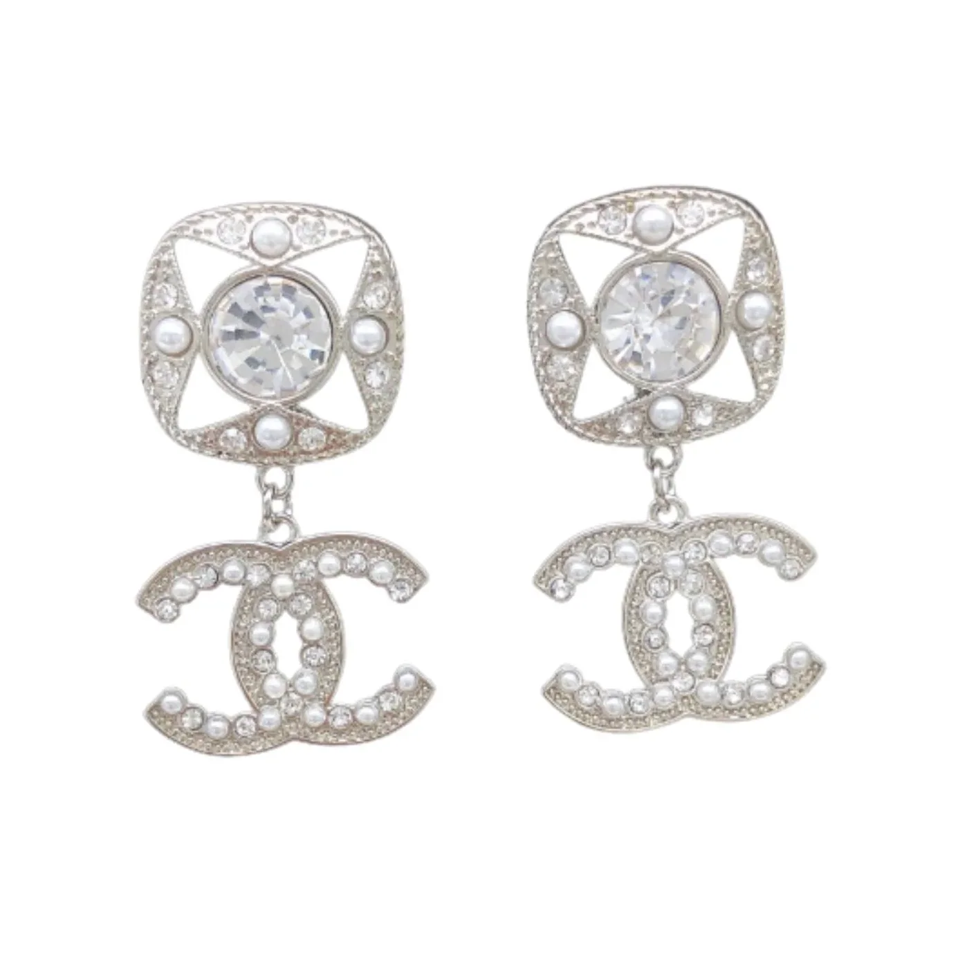 Square Double C Stud Earrings White