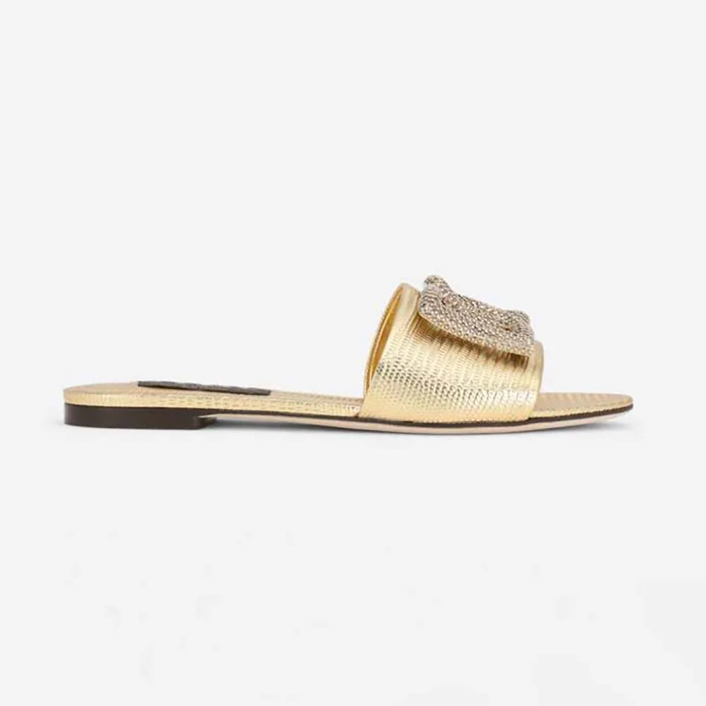 Dolce Gabbana D&G Foiled Iguana-Print Calfskin Slides with Rhinestone for Women in Detailed DG Logo Dolce Gabbana D&G Foiled Iguana-Print Calfskin Slides with Rhinestone for Women in Detailed DG Logo
