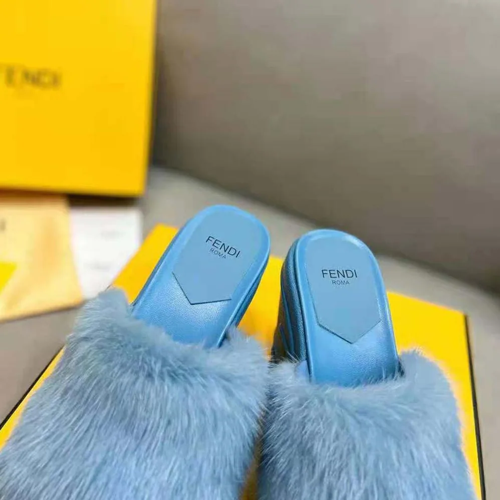 Fendi Fashion Show Blue Mink Slides for Women
