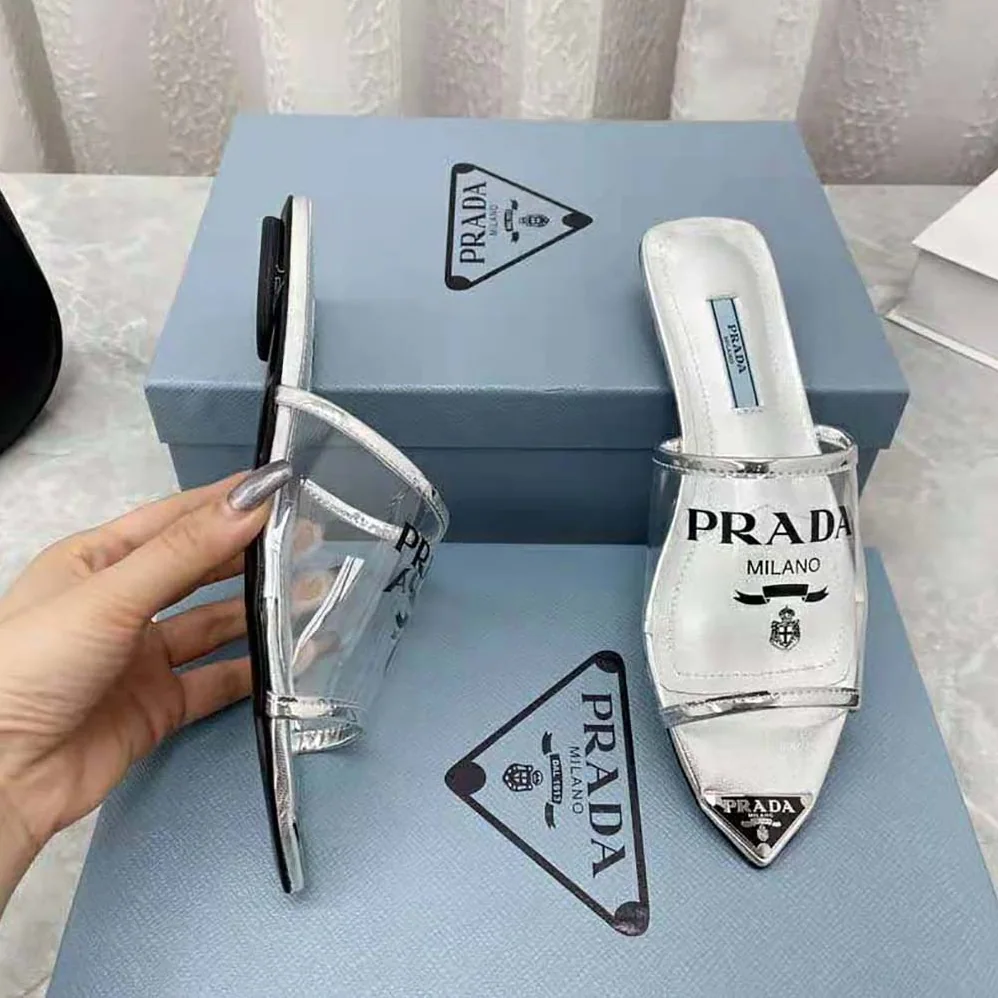Prada Logo-Print Plexiglas Slides for Women in Silver Prada Logo-Print Plexiglas Slides for Women in Silver