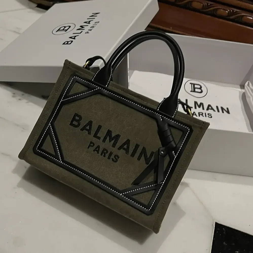 Balmain B-Army Small Canvas Shopping Bag with Leather Inserts for Women Balmain B-Army Small Canvas Shopping Bag with Leather Inserts for Women