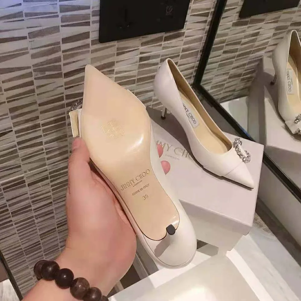 Jimmy Choo Saresa 65 Latte Nappa Leather Pumps with Crystal Embellishment for Women Jimmy Choo Saresa 65 Latte Nappa Leather Pumps with Crystal Embellishment for Women