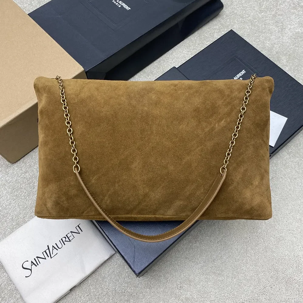 Saint Laurent YSL Cassandre Xxl Pouch On Chain In Suede for Women in Brown Saint Laurent YSL Cassandre Xxl Pouch On Chain In Suede for Women in Brown