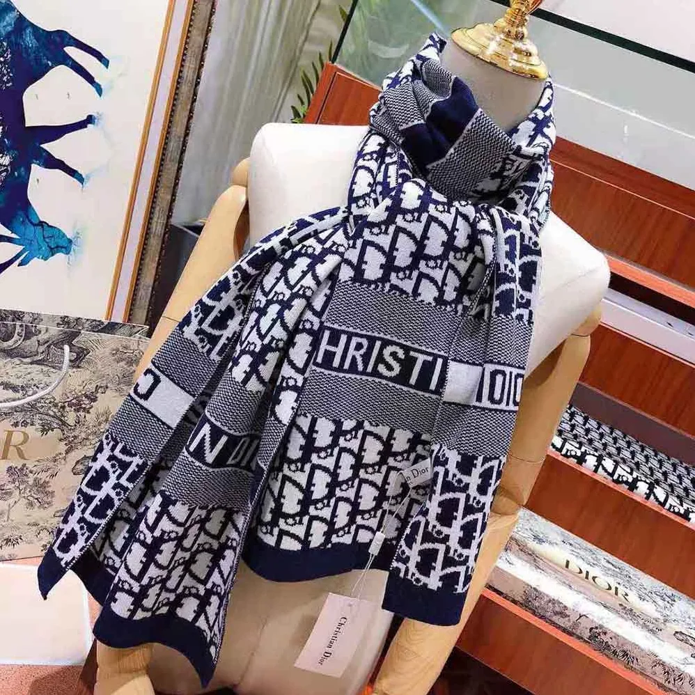 Dior Dior Oblique Scarf Blue Wool and Cashmere Knit for Women Dior Dior Oblique Scarf Blue Wool and Cashmere Knit for Women
