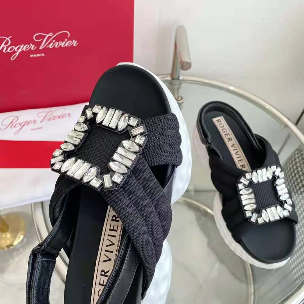 Roger Vivier Viv' Run Light Strass Buckle Sandals in Fabric for Women in Black Roger Vivier Viv' Run Light Strass Buckle Sandals in Fabric for Women in Black