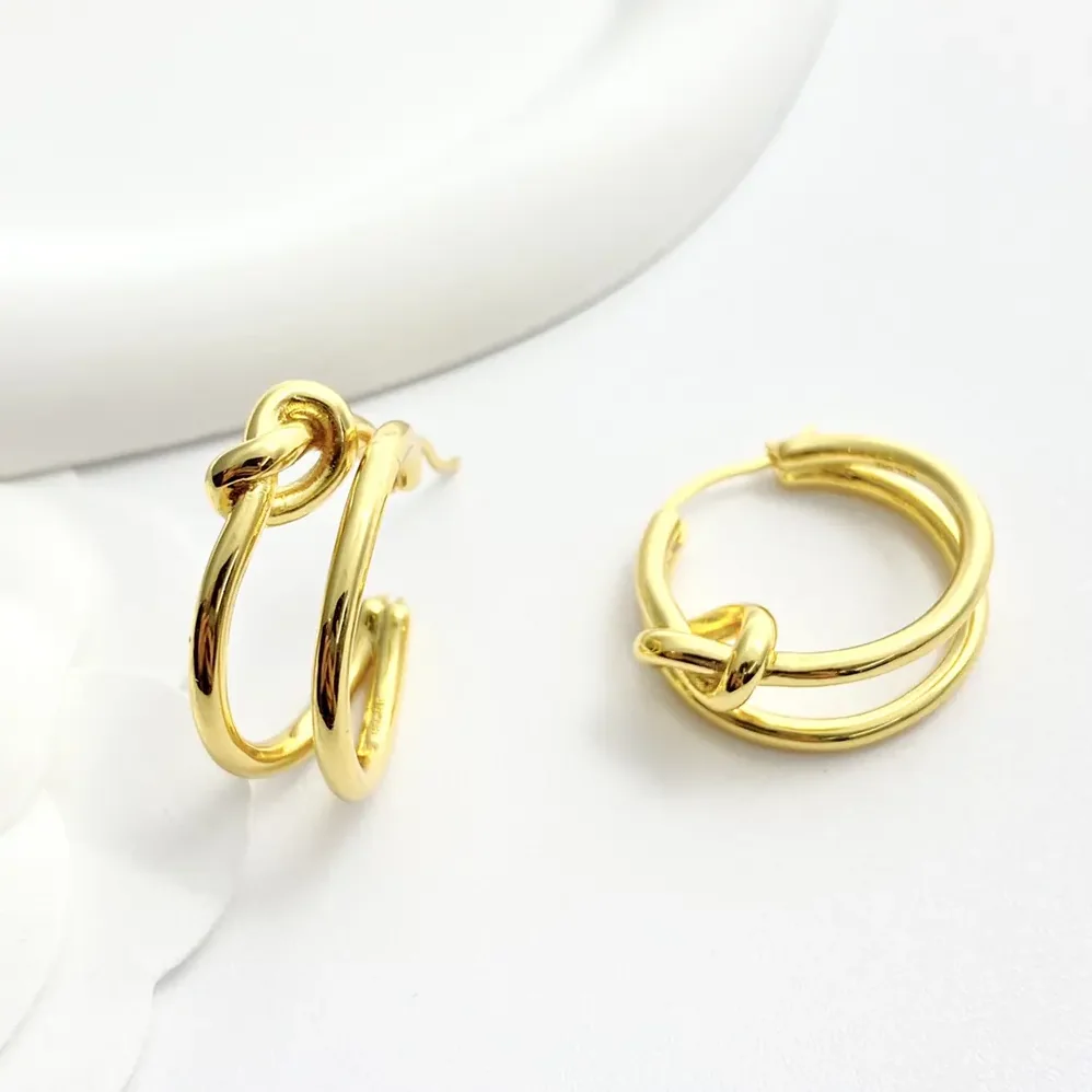 Celine Knot Double Hoops in Brass with Gold Finish for Women