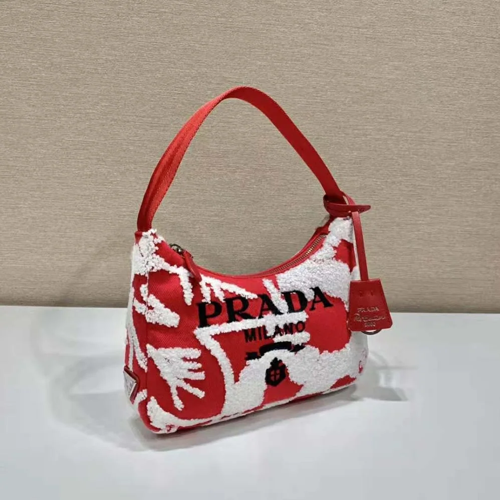 Prada Re-Edition 2006 Embroidered Drill Mini Bag for Women in Red Prada Re-Edition 2006 Embroidered Drill Mini Bag for Women in Red