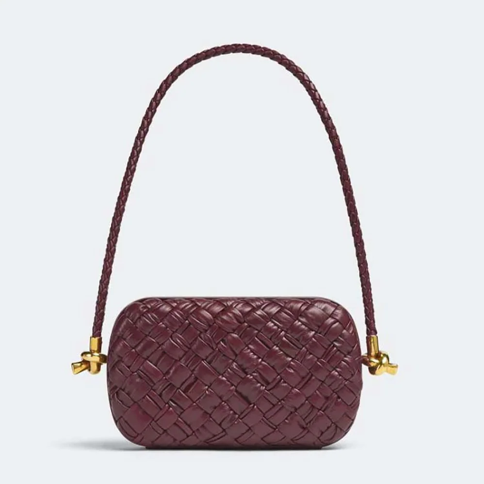 Bottega Veneta Knot On Strap Foulard Intreccio Leather Minaudiere with Strap for Women in Maroon
