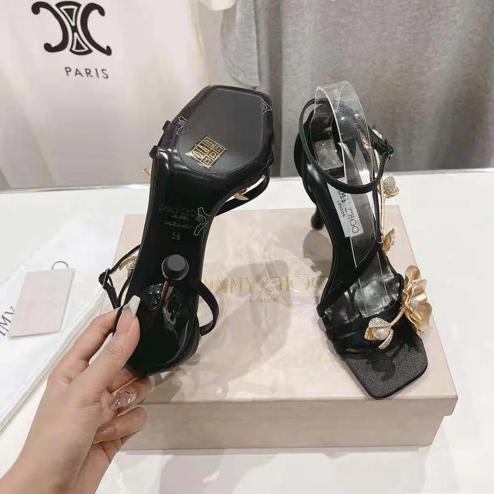 Jimmy Choo Zea 95 Black Satin Sandals with Metal Flowers-ZEA95BGU for Women Jimmy Choo Zea 95 Black Satin Sandals with Metal Flowers-ZEA95BGU for Women