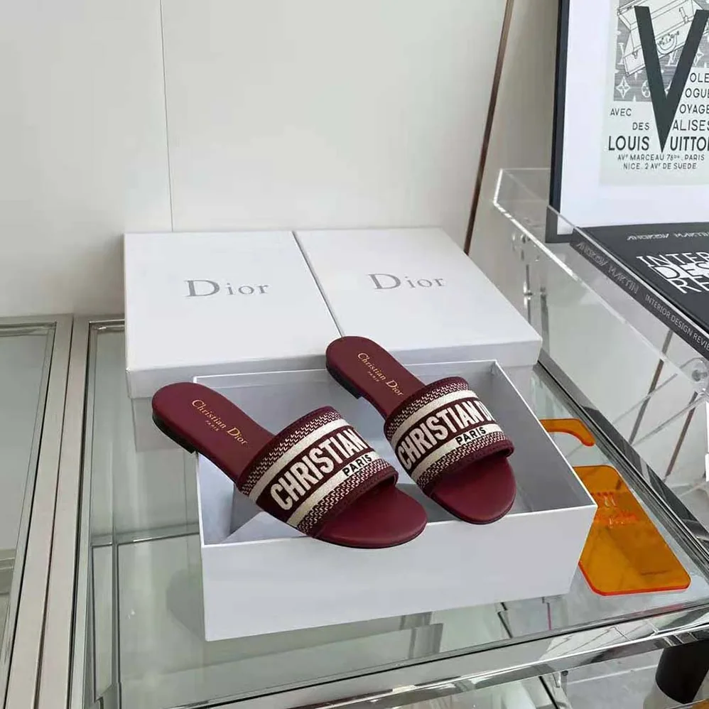 Dior Dway Slide Burgundy Embroidered Cotton for Women