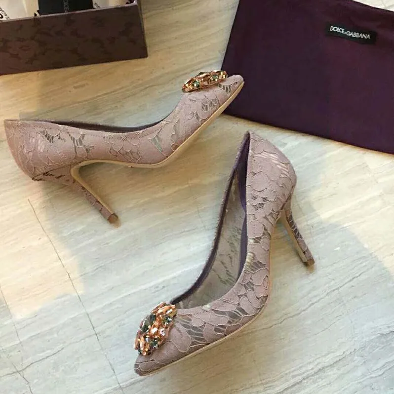 Dolce Gabbana D&G Shoes Pump in Taormina Lace with Crystals 90mm Heel for Women in Pink Dolce Gabbana D&G Shoes Pump in Taormina Lace with Crystals 90mm Heel for Women in Pink
