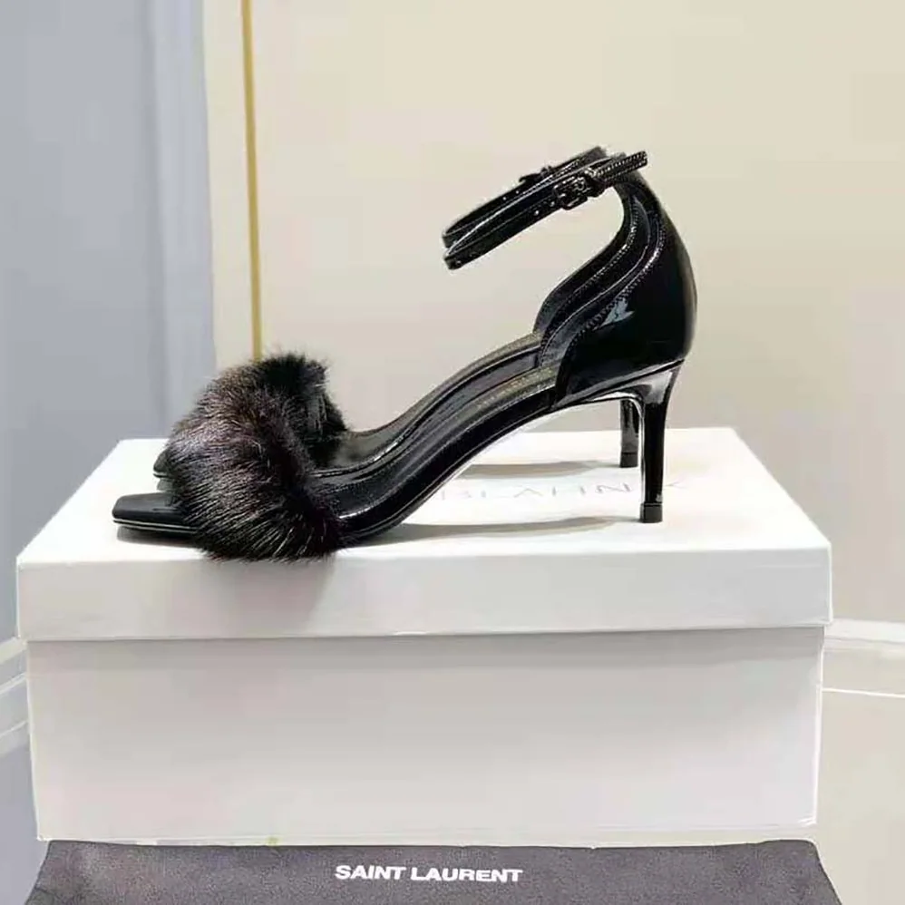 Saint Laurent YSL Bea Sandals in Patent Leather and Mink for Women Saint Laurent YSL Bea Sandals in Patent Leather and Mink for Women