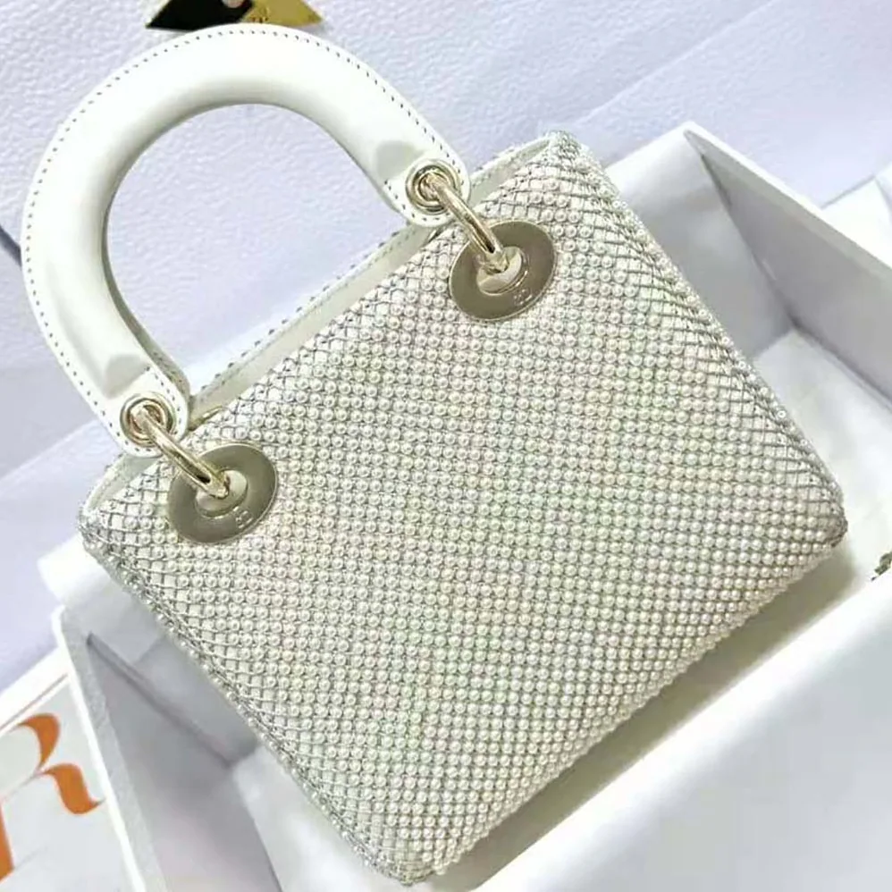 Dior Mini Lady Dior Bag Latte Calfskin Embroidered Entirely with White Resin Pearls for Women