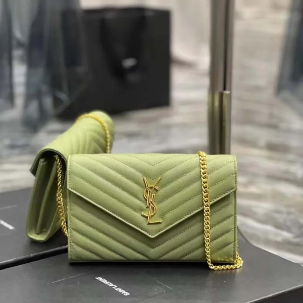 Saint Laurent Monogram Chain Wallet Grain De Poudre Embossed in Green Saint Laurent Monogram Chain Wallet Grain De Poudre Embossed in Green