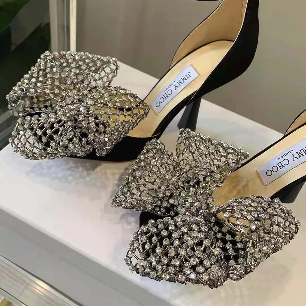 Jimmy Choo Mana 100 Black Suede Sandals with Crystal Bow Clasp for Women Jimmy Choo Mana 100 Black Suede Sandals with Crystal Bow Clasp for Women