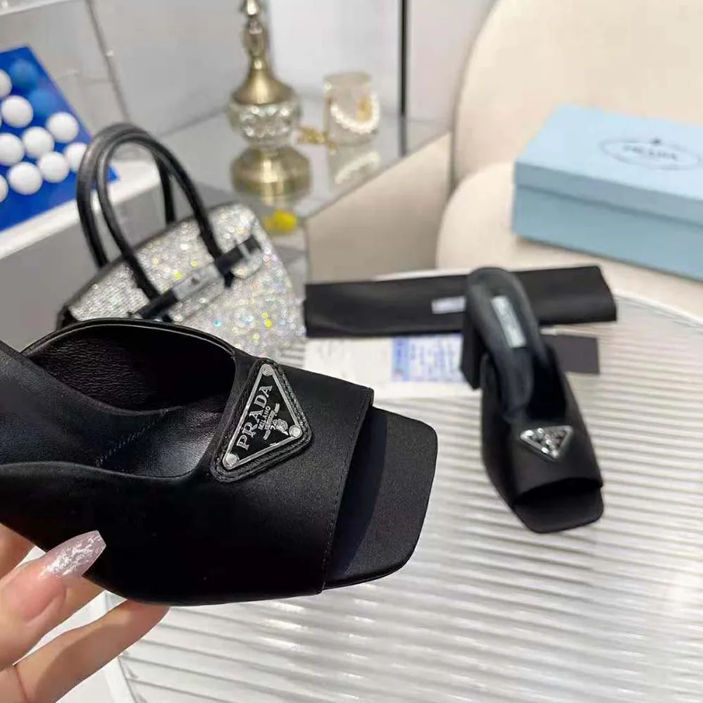 Prada High-Heeled Satin Slides for Women in Black Prada High-Heeled Satin Slides for Women in Black