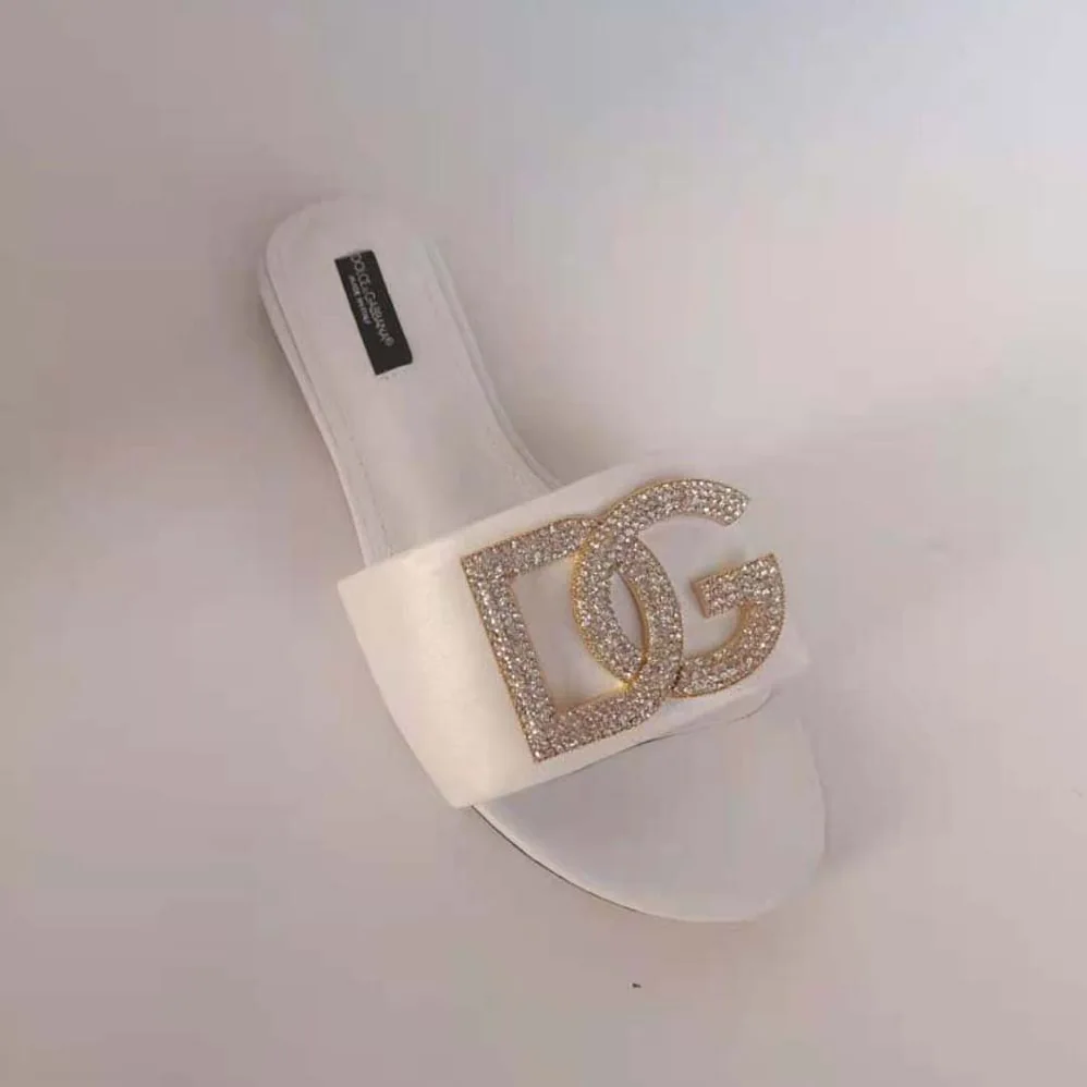 Dolce Gabbana D&G Calfskin Slides with DG Logo for Women in White